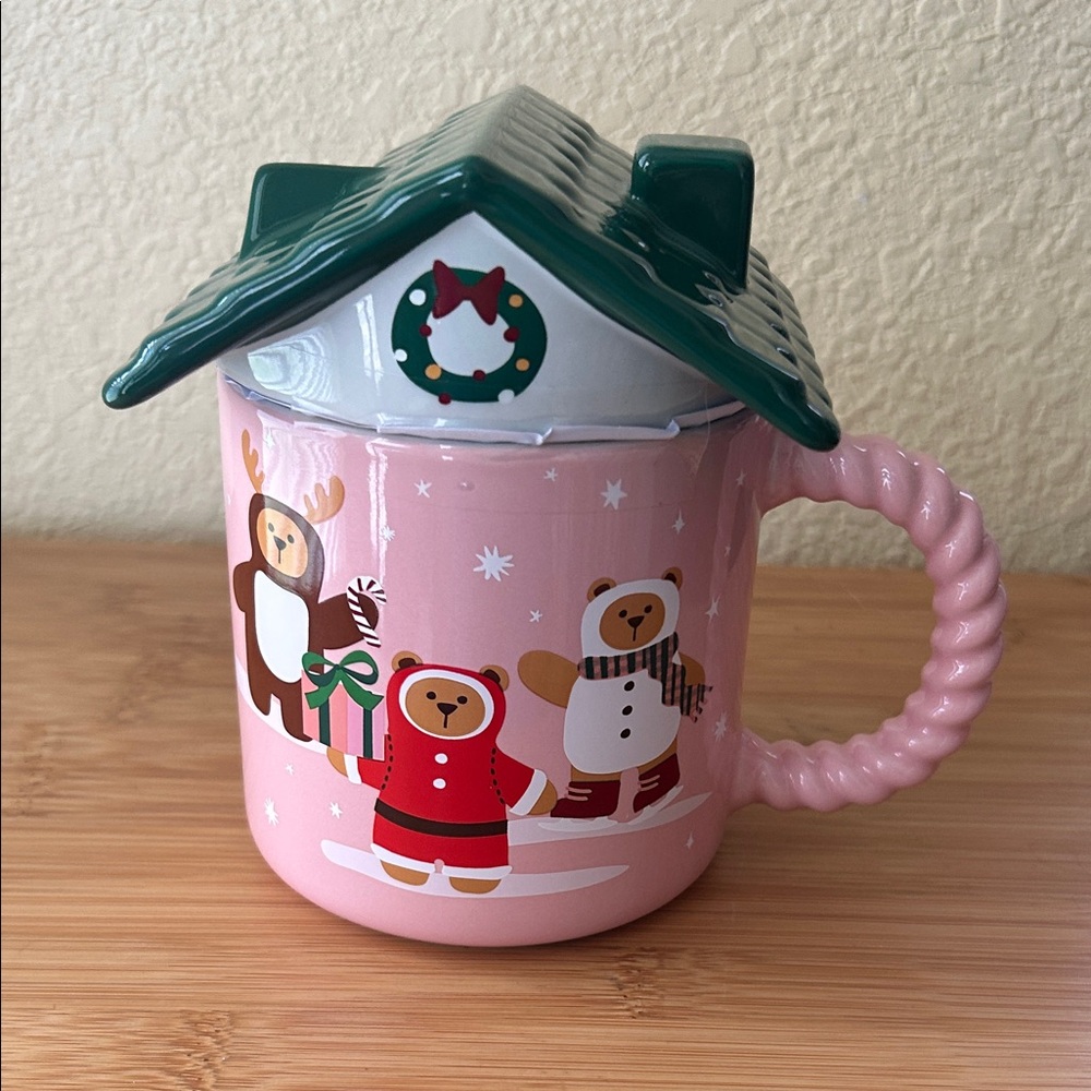 Starbucks Pink Mug with bears and Christmas tree
